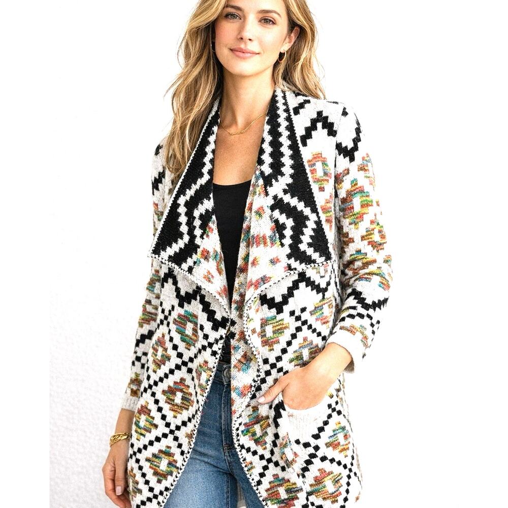 Katherine Barclay Cardigan L Black White Multicolor Southwestern Sweater Y2K